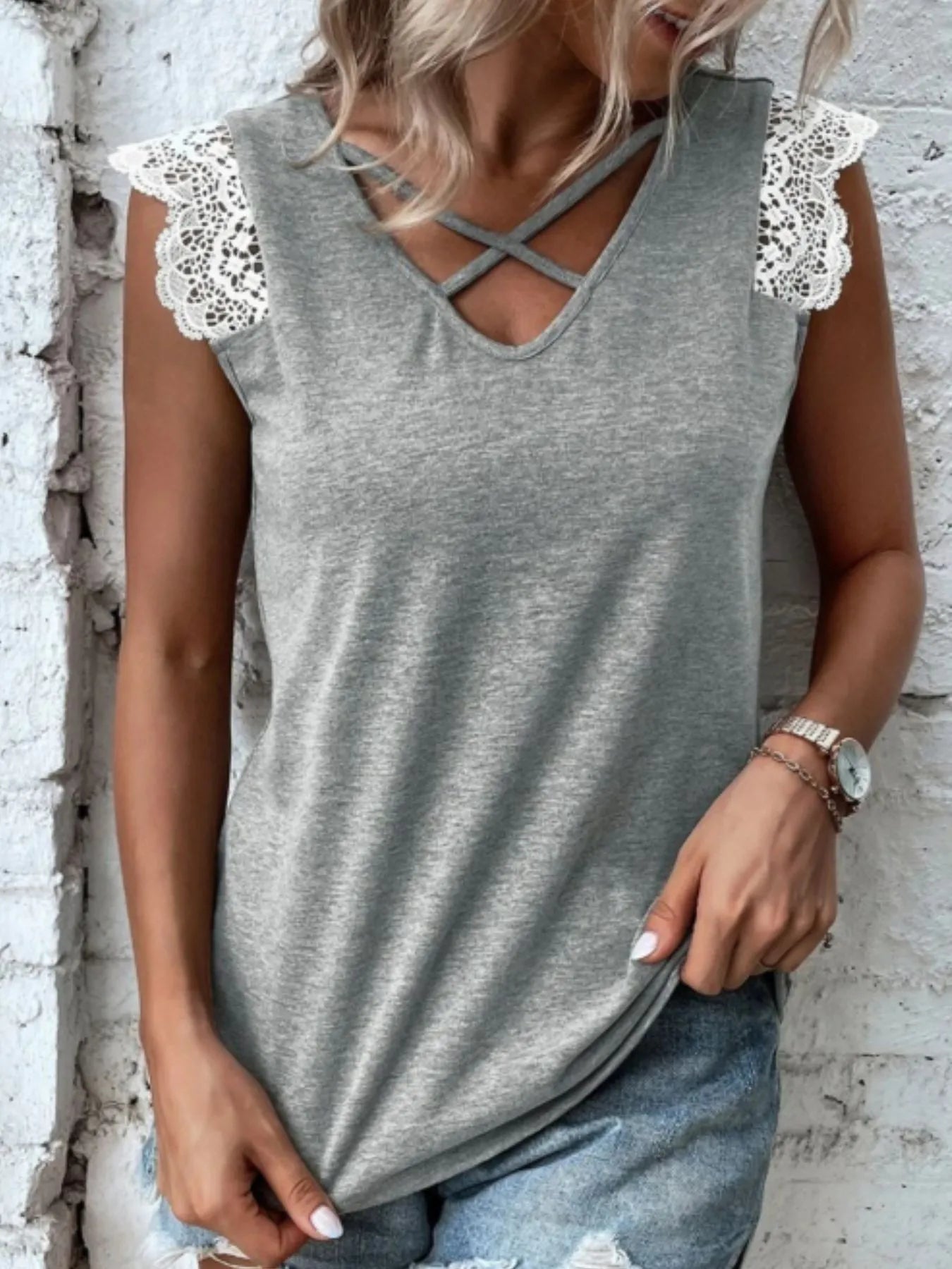 Lace Trim Cross-Front V-Neck Tank Top - -