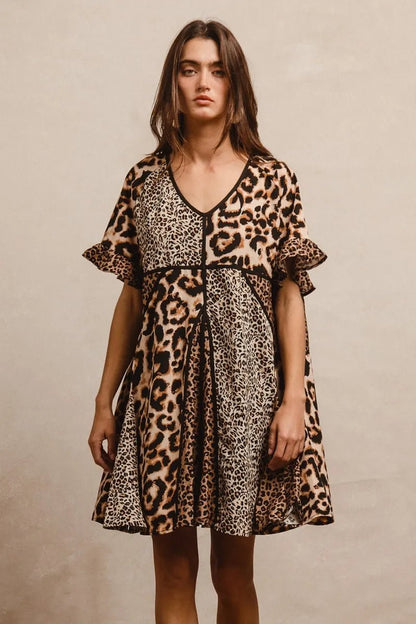 BiBi Leopard Prints Mix and Match Short Sleeves Dress - -