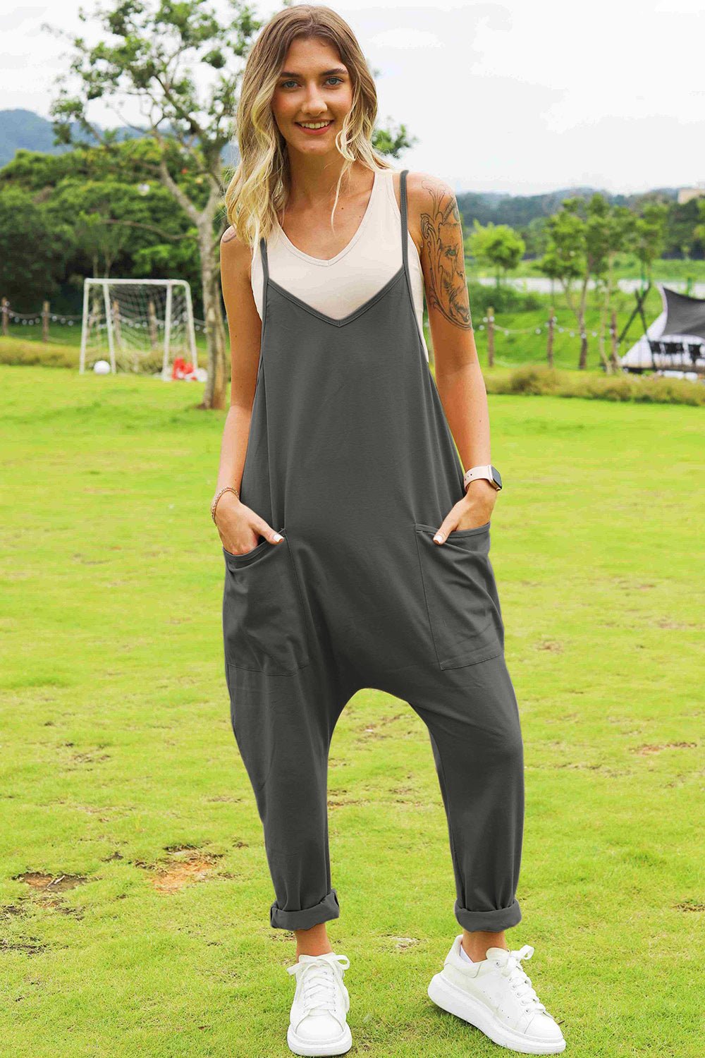 Double Take Full Size Pocketed V-Neck Jumpsuit – Plus Size, Relaxed Fit, Travel Ready - -