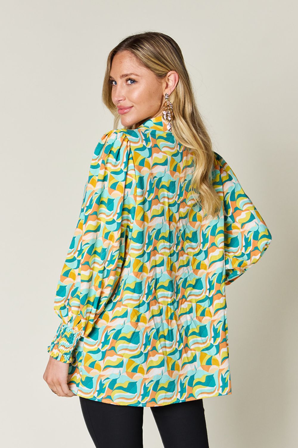 Double Take Full Size Printed Smocked Long Sleeve Blouse - -