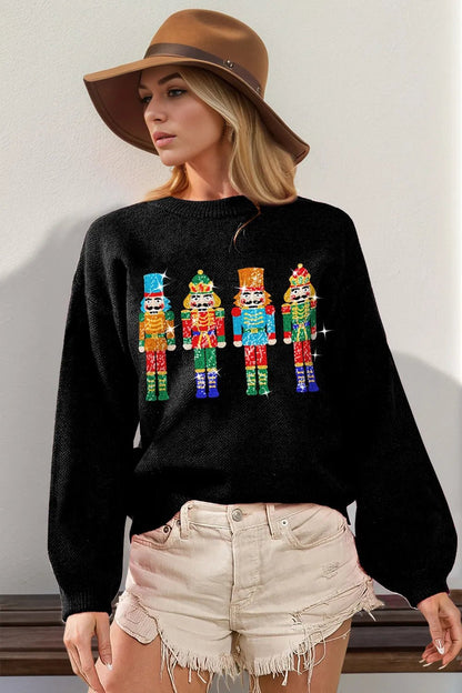 Double Take Full Size Sequin Nutcracker Long Sleeve Sweater - Black -