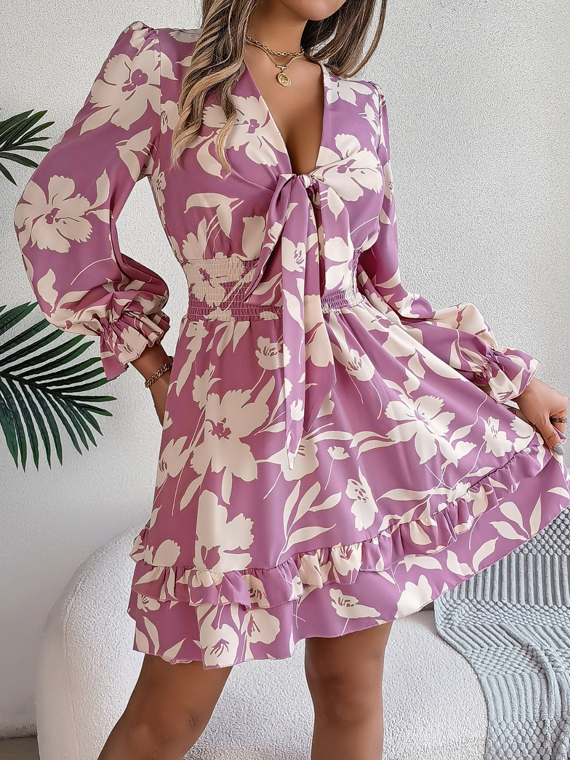 Tied Ruffled Printed Long Sleeve Dress - -
