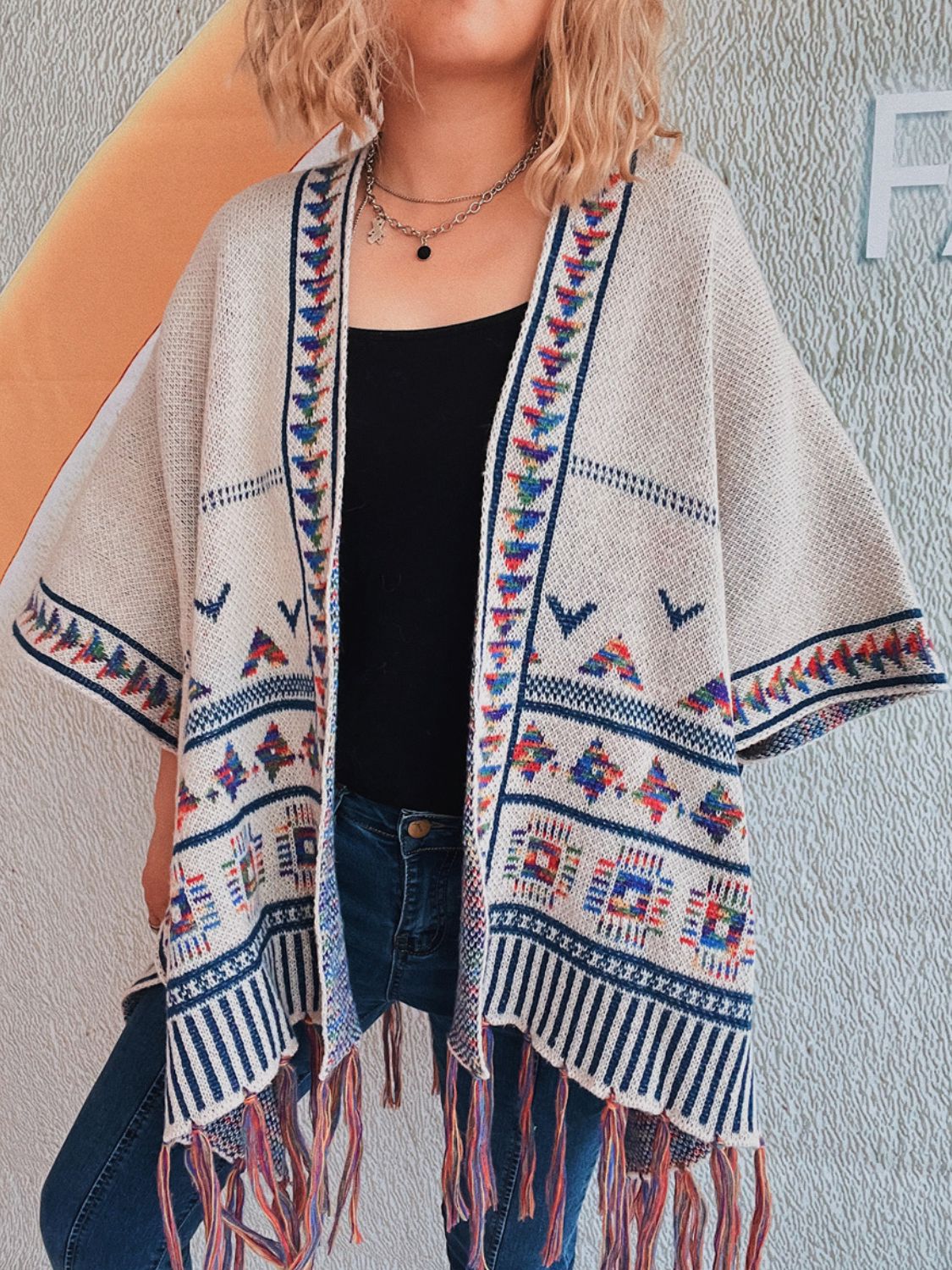 Fringe Open Front Cardigan - -