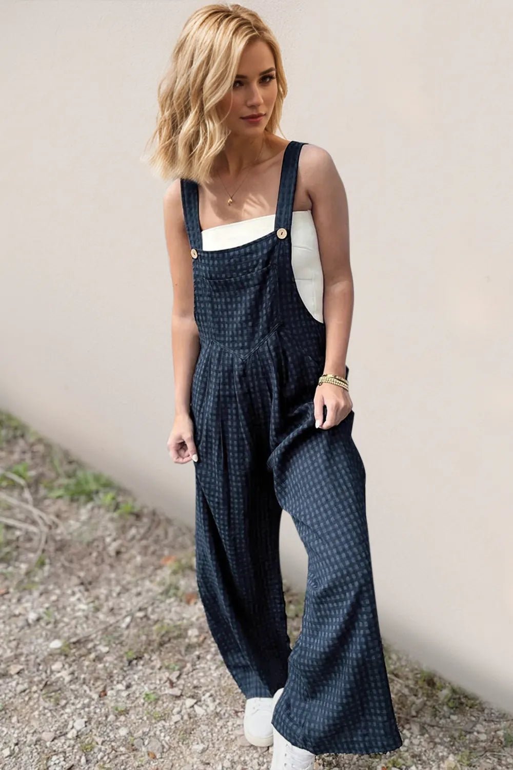 Oh Full Size Plaid Wide Leg Overalls with Pockets - Peacock Blue -
