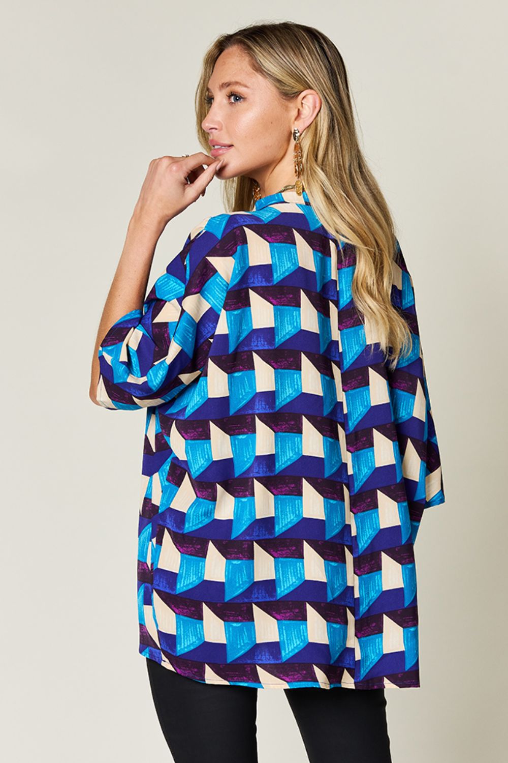 Double Take Full Size Geometric Notched Half Sleeve Blouse - -