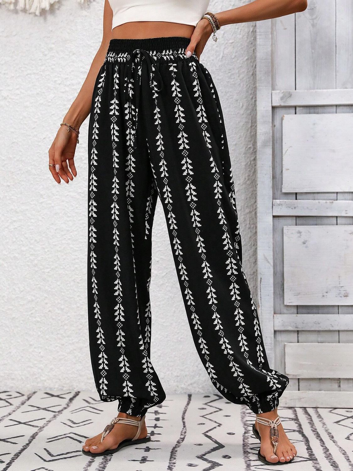 Tied Printed High Waist Pants - -