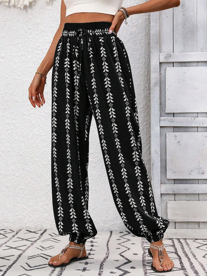 Tied Printed High Waist Pants - -