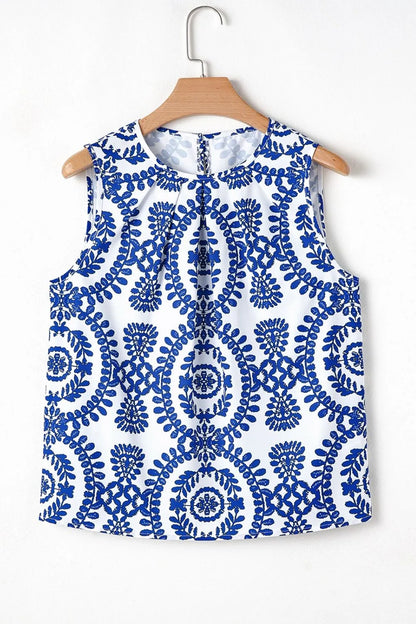 Printed Crew Neck Sleeveless Top - -