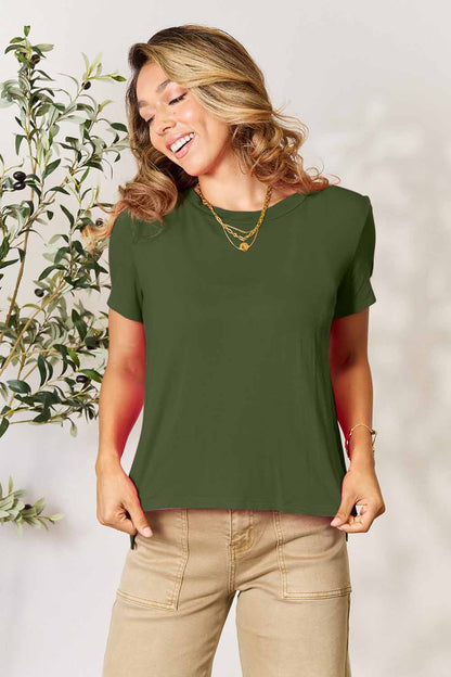 Basic Bae Full Size Round Neck Short Sleeve Slit T-Shirt – Bold & Neutral Colors - Matcha Green -
