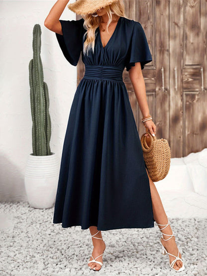 Side Slit Surplice Flutter Sleeve Midi Dress - Dark Navy -