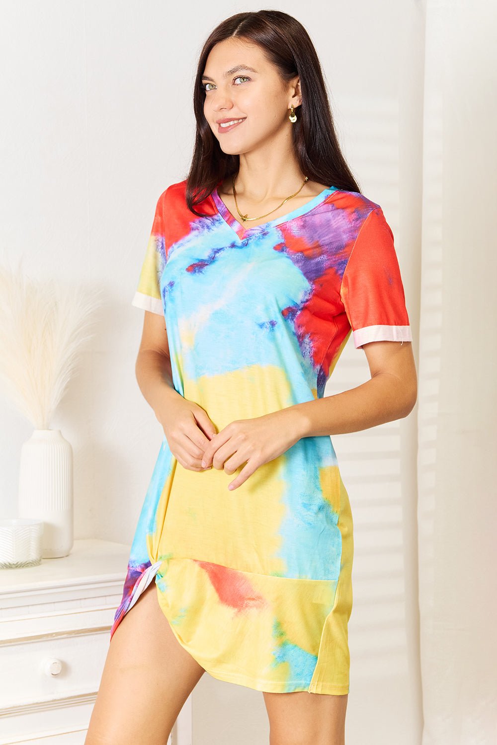 Shiny Tie-Dye V-Neck Twisted Dress - -