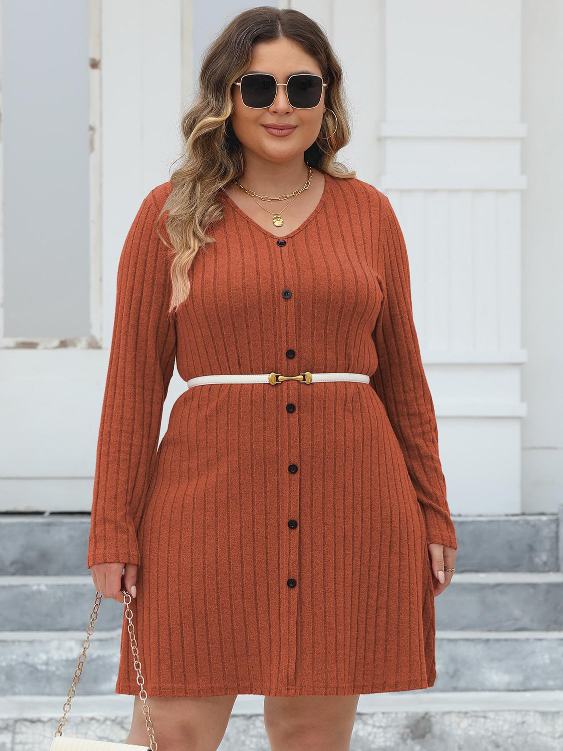 Plus Size Ribbed Buttoned V-Neck Long Sleeve Dress - -