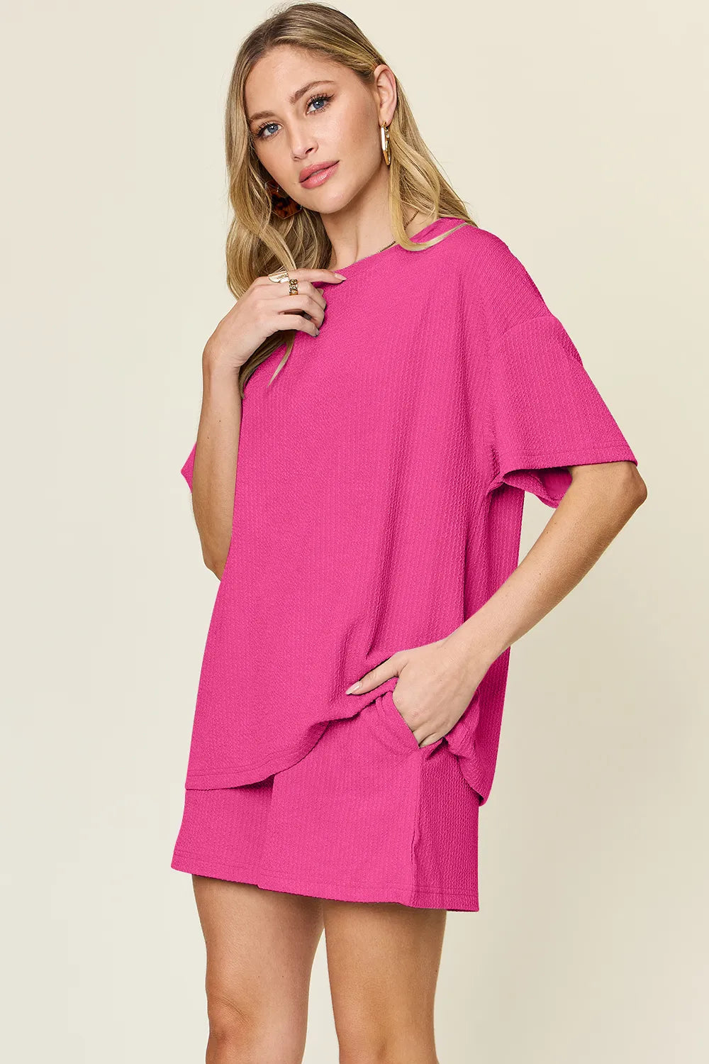 Double Take Basic style Round Neck Solid Set - -