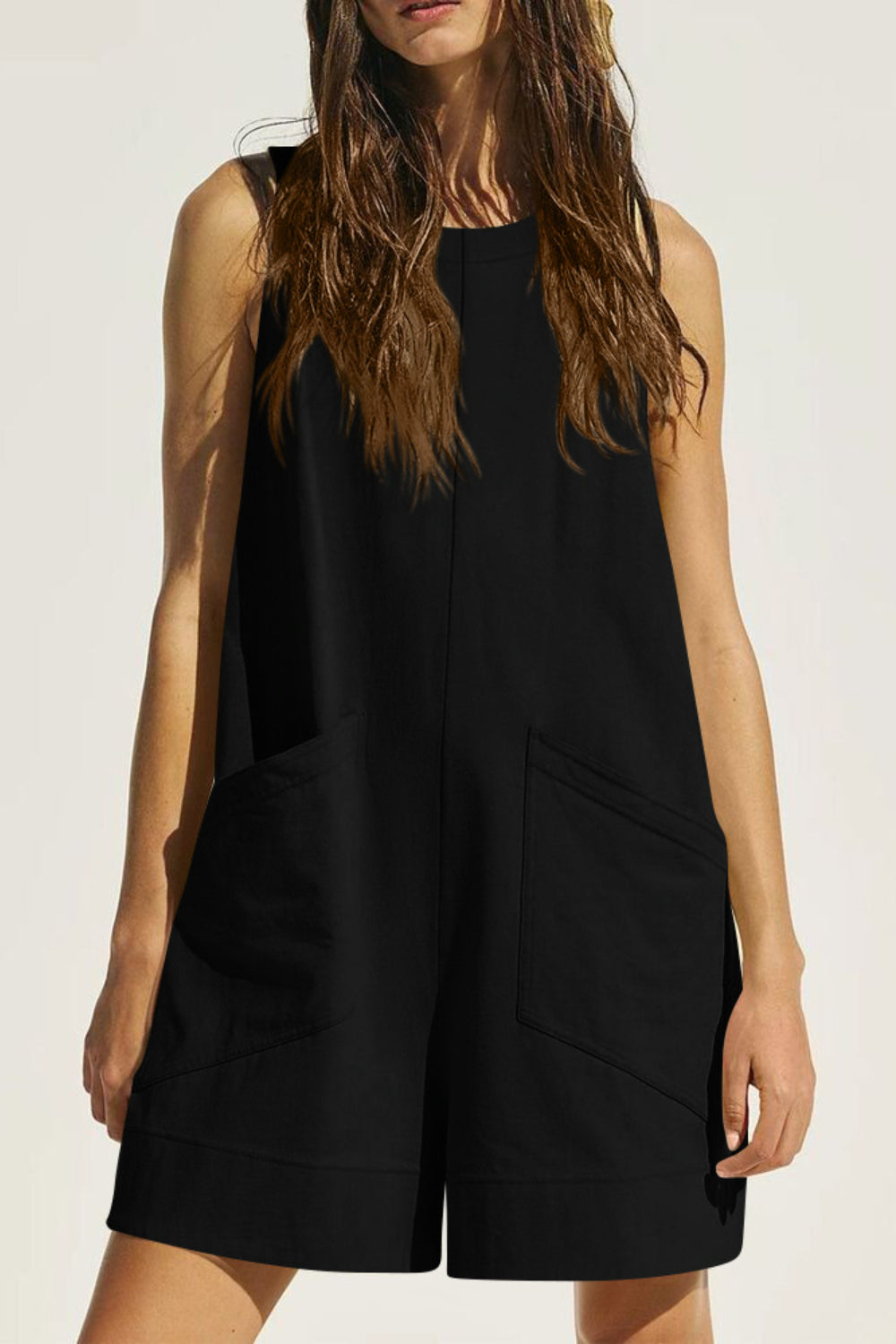 Lovelet Round Neck Sleeveless Romper with Pockets - -