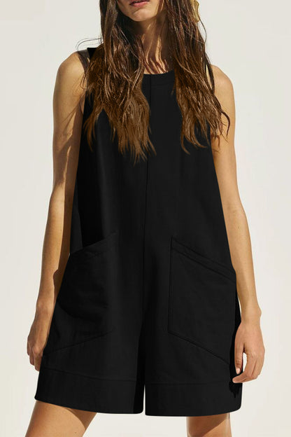 Lovelet Round Neck Sleeveless Romper with Pockets - -