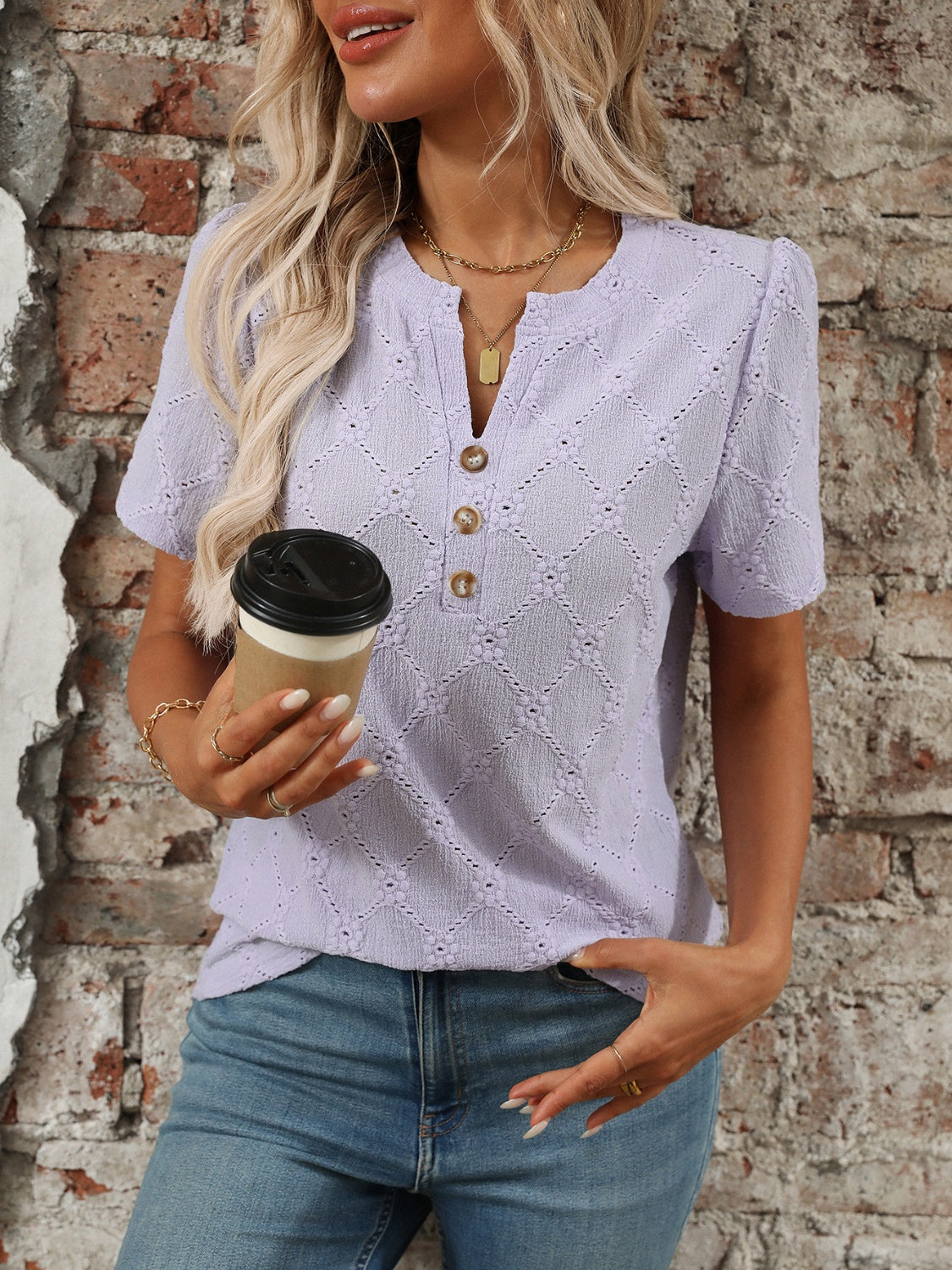 Eyelet Notched Short Sleeve Top - -