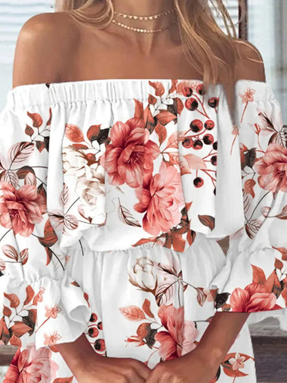 Full Size Floral Off-Shoulder Flounce Sleeve Mini Dress Plus Size - -