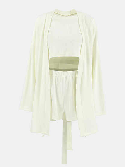 3-Piece Waffle-Knit Lounge Set – Cardigan, Tee & Shorts - -