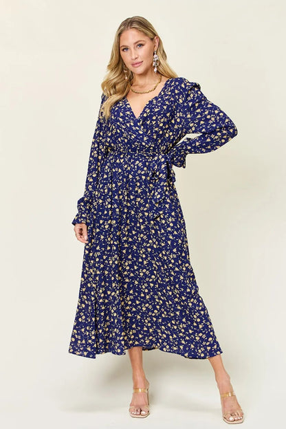 Double Take Full Size Tie Back Flounce Sleeve Dress - Dark Blue -
