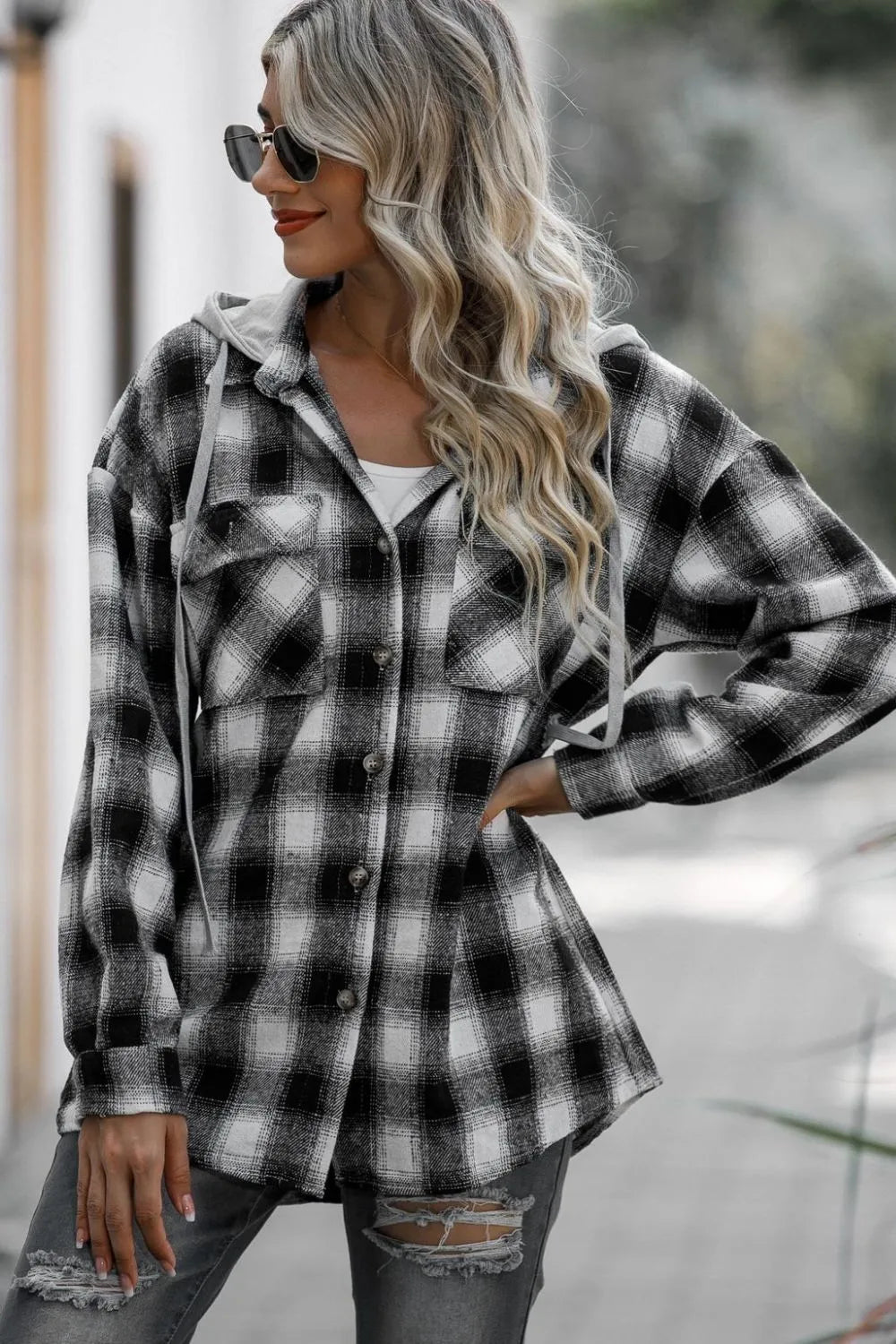 Double Take Drawstring Plaid Long Sleeve Hooded Shacket – | Shannon’s Chique Boutique