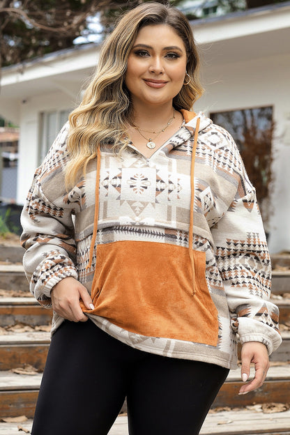 Plus Size Geometric Print Kangaroo Pockets Hoodie - Sherbet -