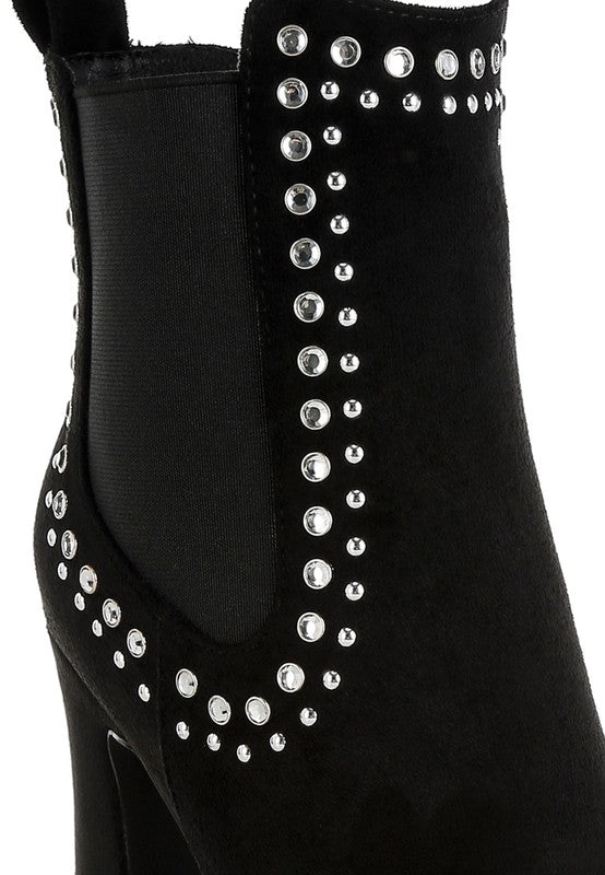 Black suede ankle boot with silver studs and elastic side panel for easy slip-on.