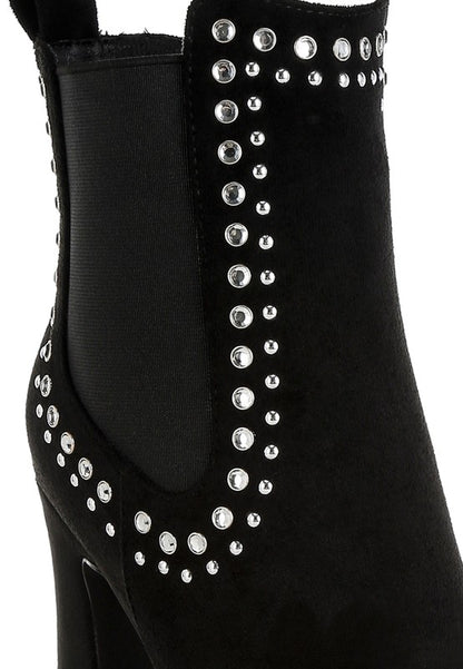Black suede ankle boot with silver studs and elastic side panel for easy slip-on.
