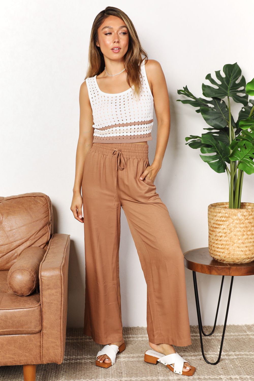 Double Take Drawstring Smocked Waist Wide Leg Pants - -
