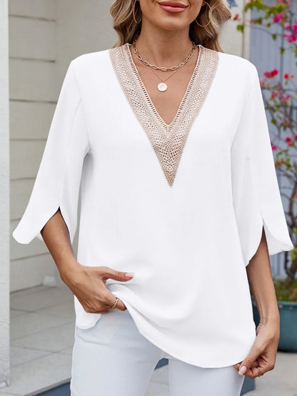 V-Neck 3/4 Sleeve Blouse - White -