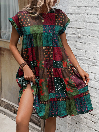 Color Block Print Short Sleeve Mini Dress - -