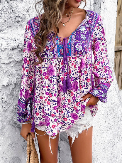 Devine Printed Tie Neck Long Sleeve Blouse