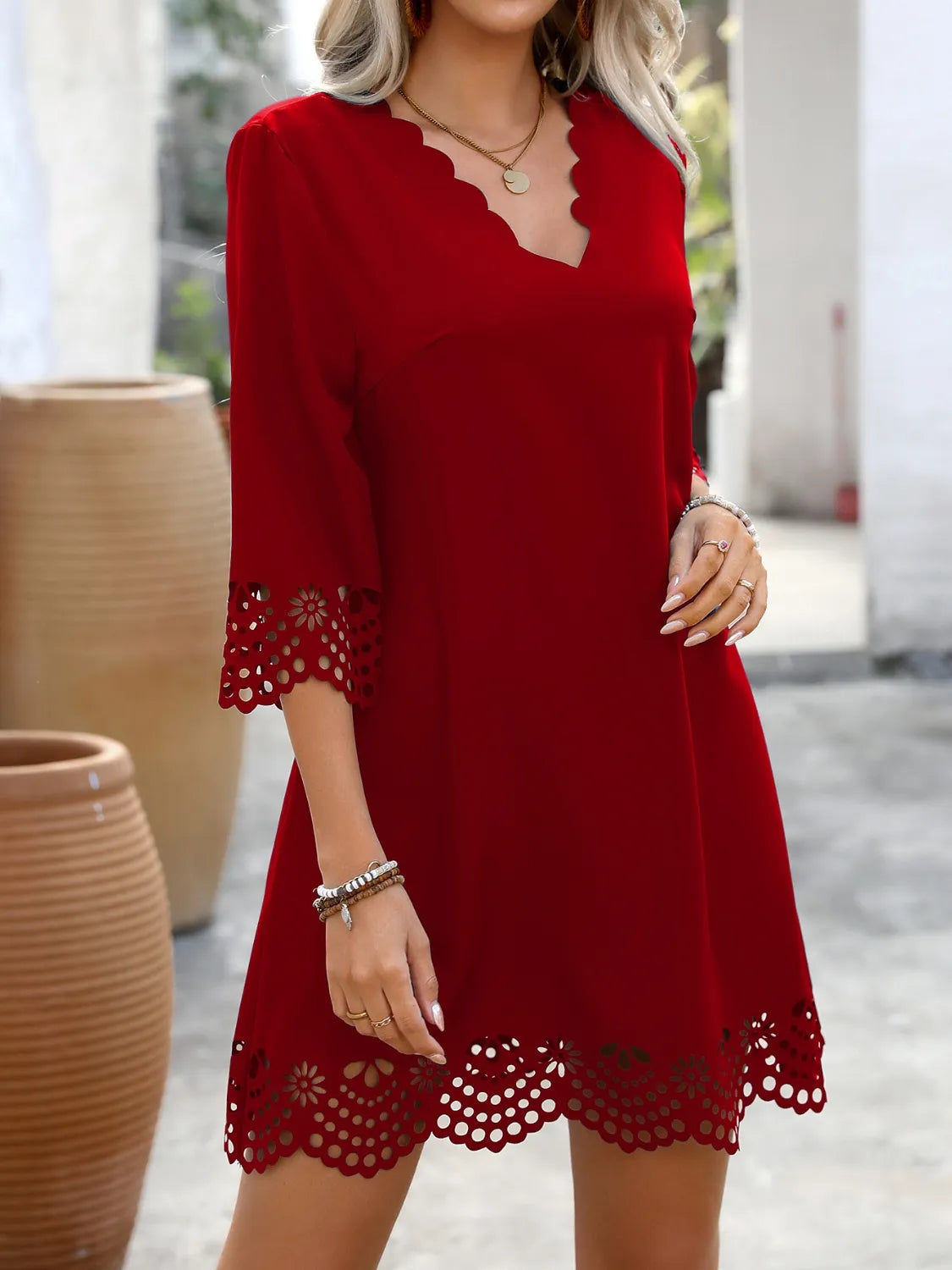 Cutout V-Neck Three-Quarter Sleeve Mini Dress - -