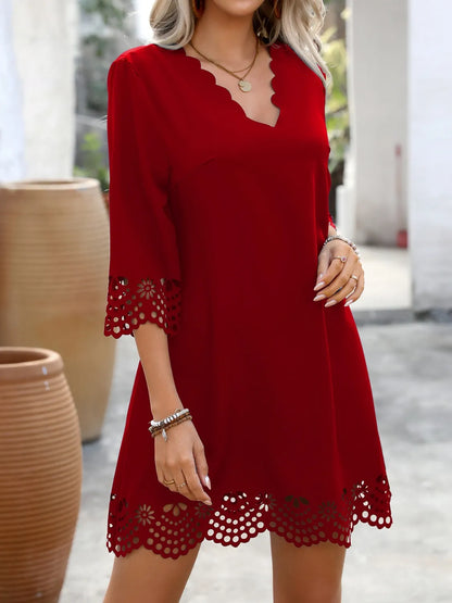 Cutout V-Neck Three-Quarter Sleeve Mini Dress - -