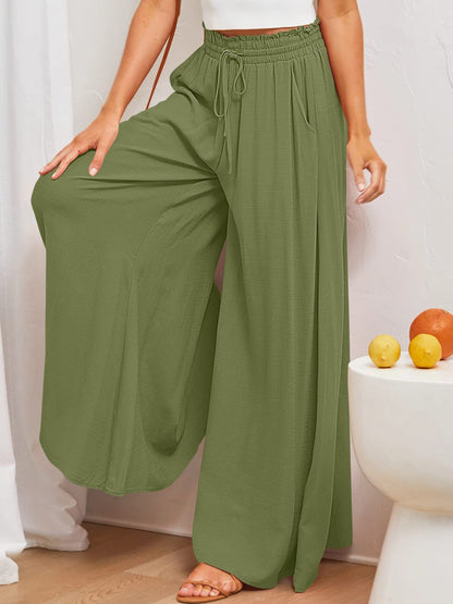 Wide Leg Pants with Pockets - Matcha Green -