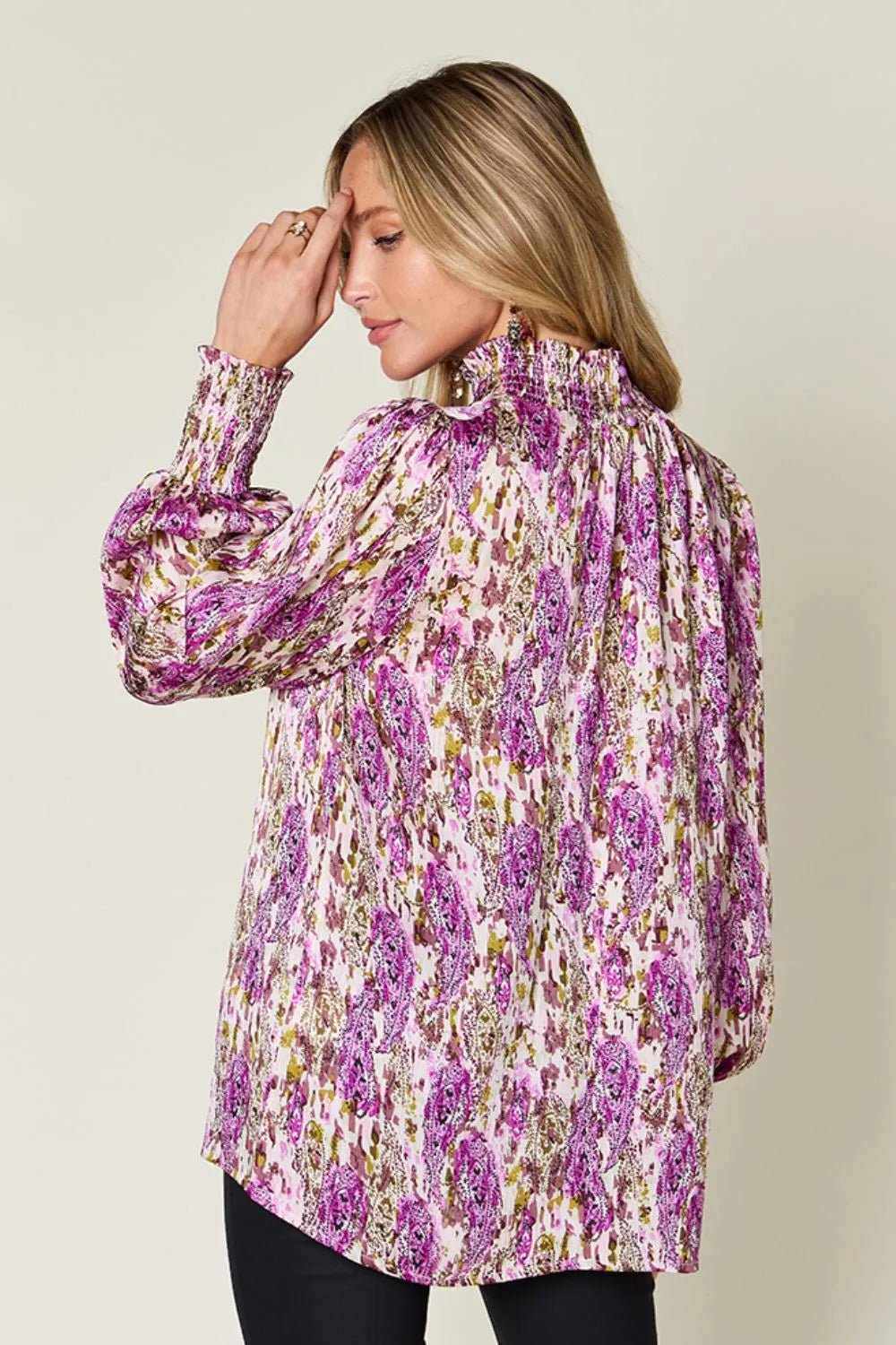 Double Take Full Size Printed Smocked Long Sleeve Blouse - -