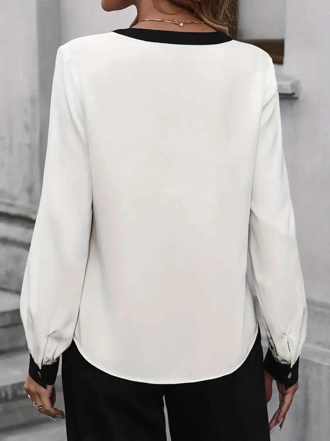 Contrast Notched Long Sleeve Blouse - -
