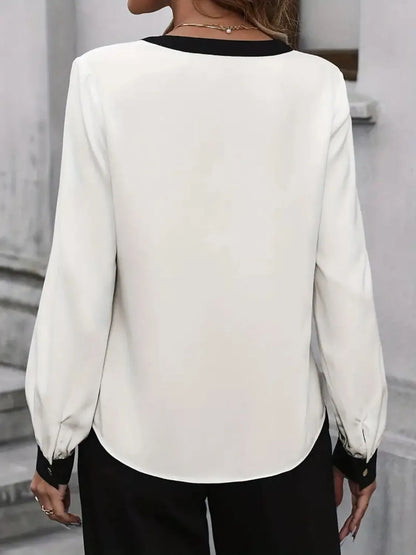 Contrast Notched Long Sleeve Blouse - -