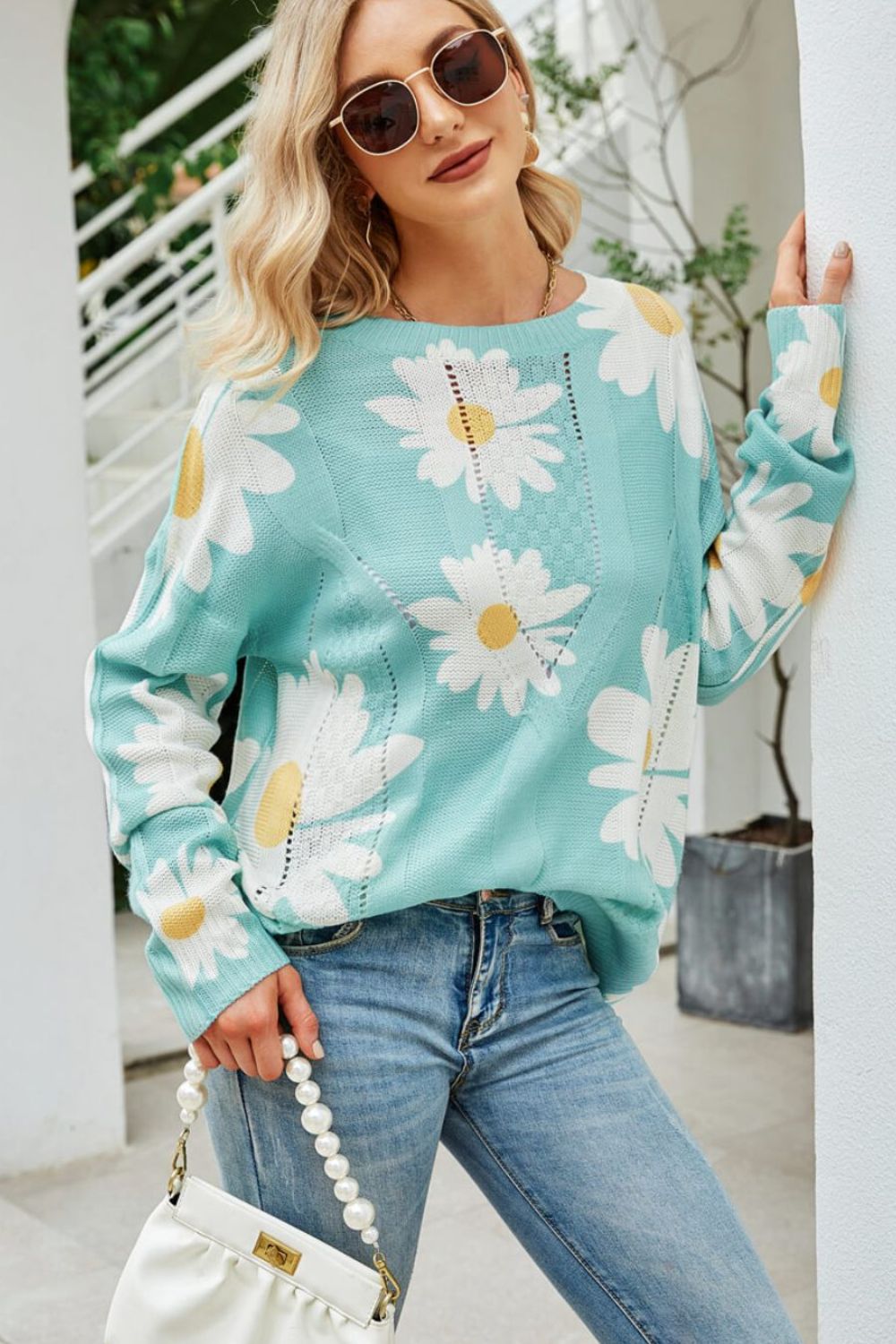 Angel Wings Daisy Print Openwork Round Neck Sweater - -