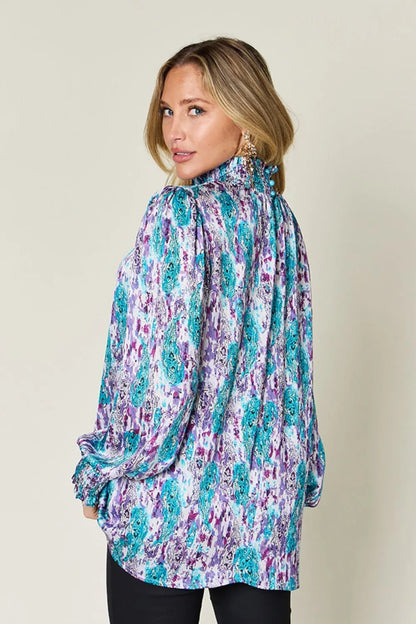 Double Take Full Size Printed Smocked Long Sleeve Blouse - -