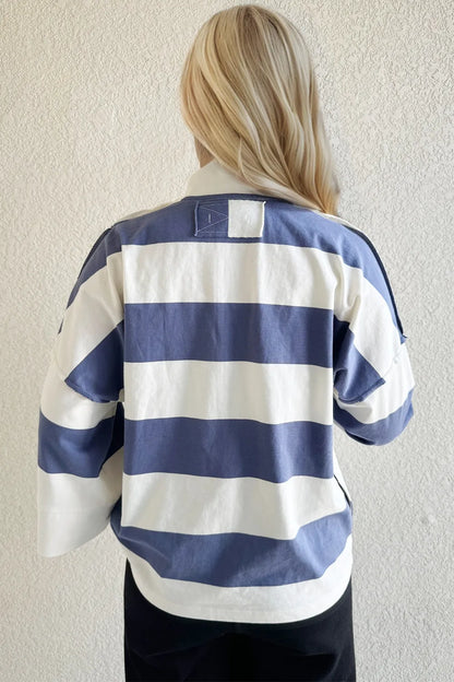 Oh Pima Cotton Wash Striped Half Zip Mock Neck Long Sleeve Top - -
