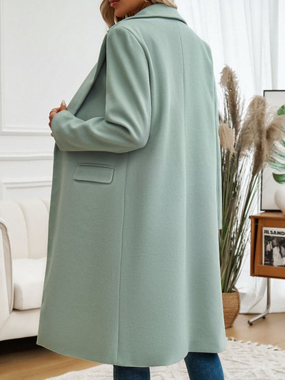 Devine Pocketed Collared Neck Long Sleeve Coat - -