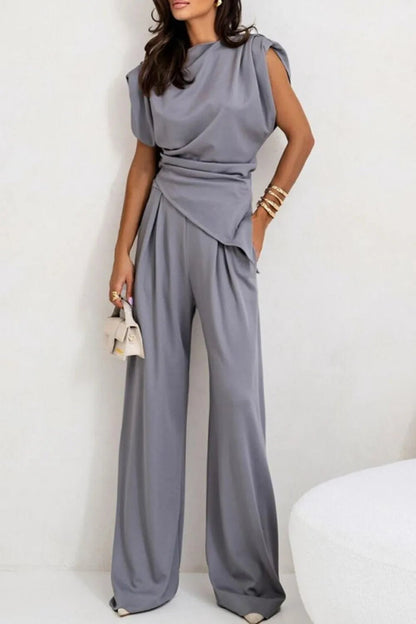 Luxe Asymmetrical Ruched Set - Elevated Wide-Leg Ensemble - Light Gray -