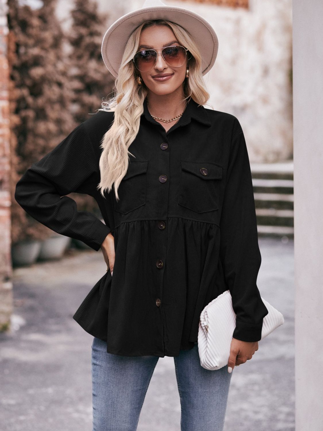 Mandy Collared Neck Long Sleeve Shirt - Black -
