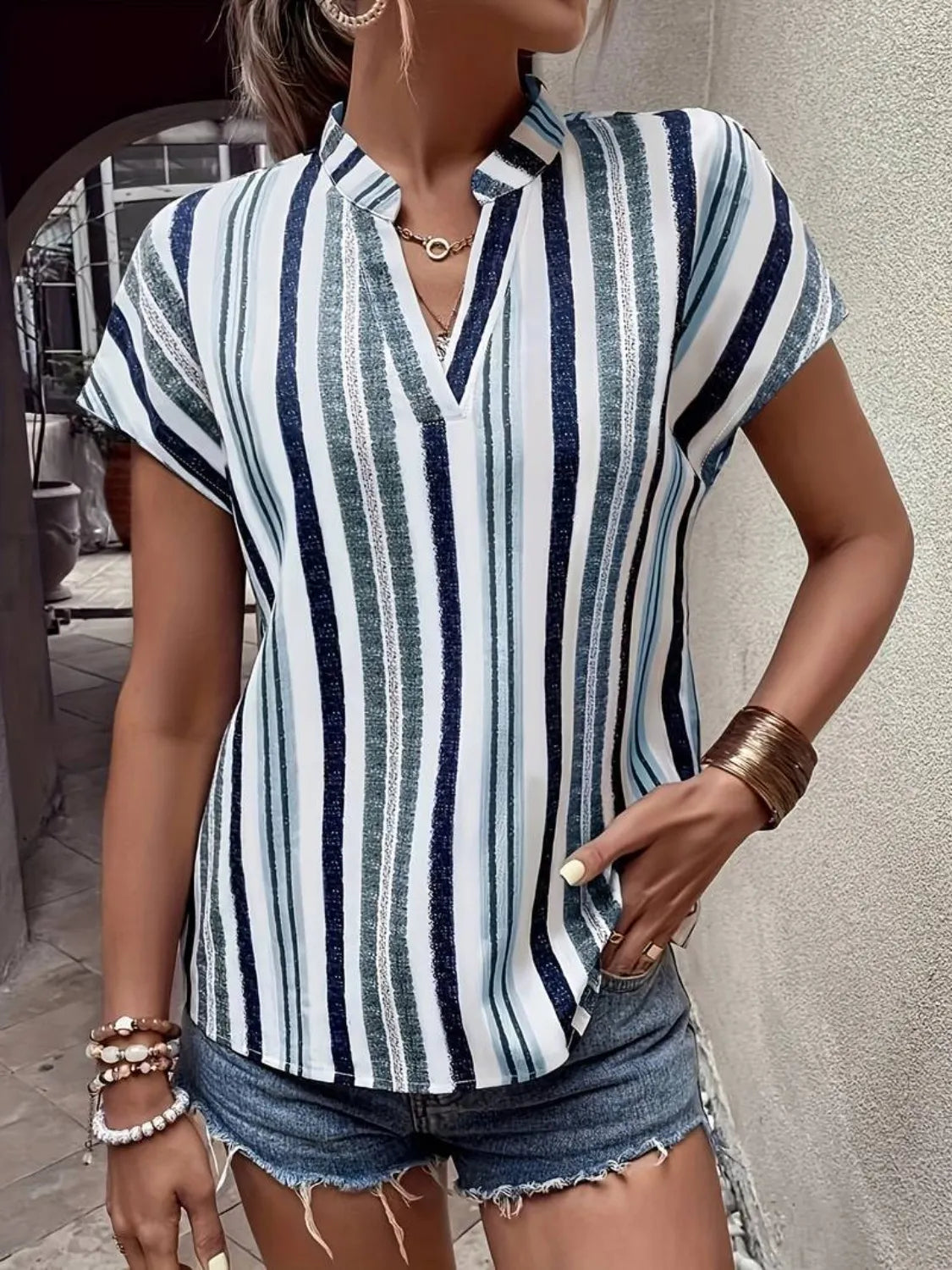 Striped Notched Short Sleeve Shirt - -