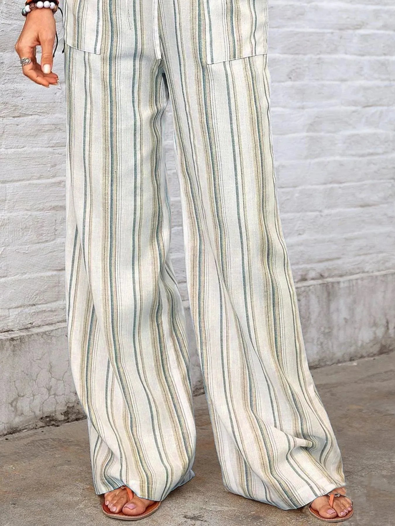 Full Size Striped Wide Leg Pants Plus Size - -