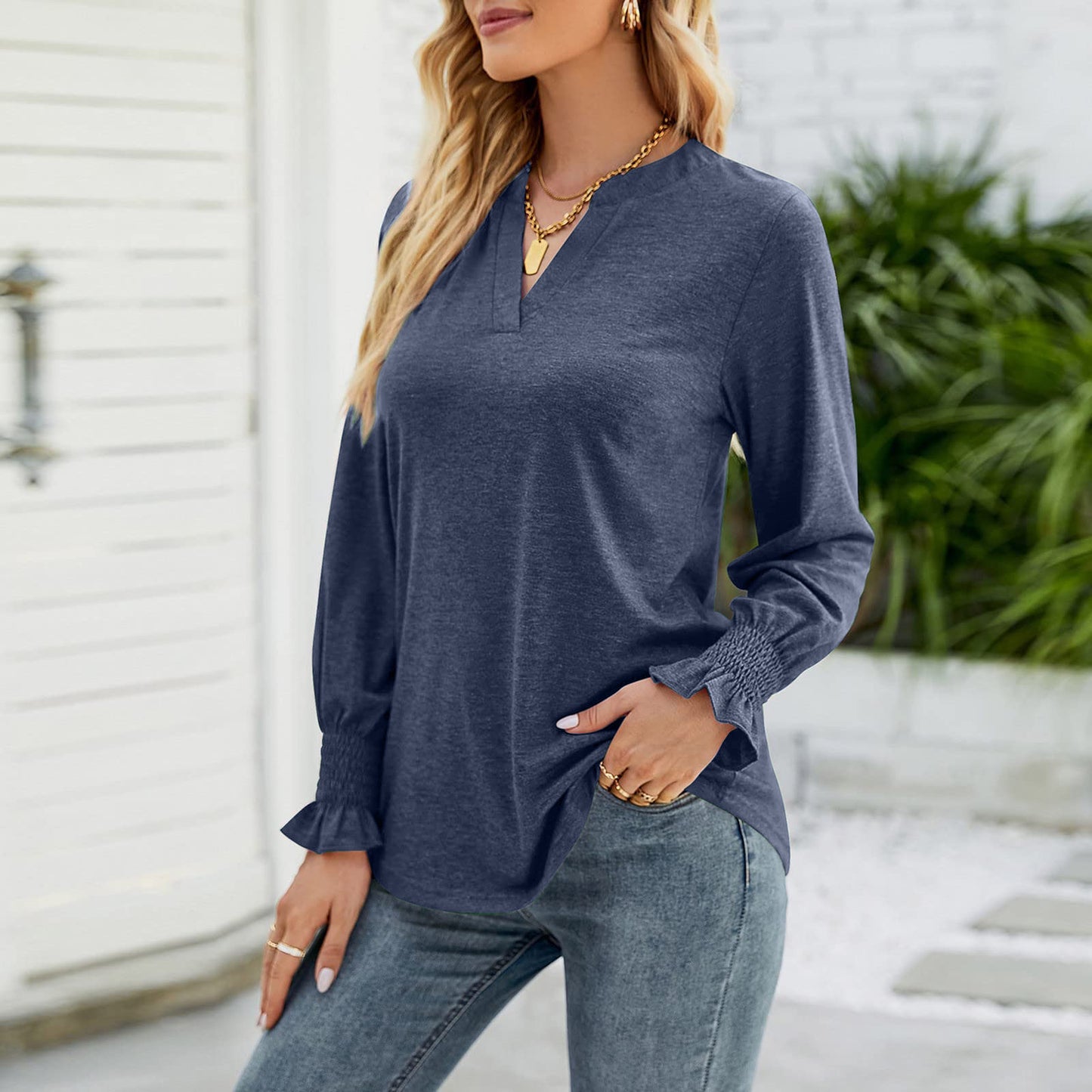 Full Size Notched Long Sleeve T-Shirt