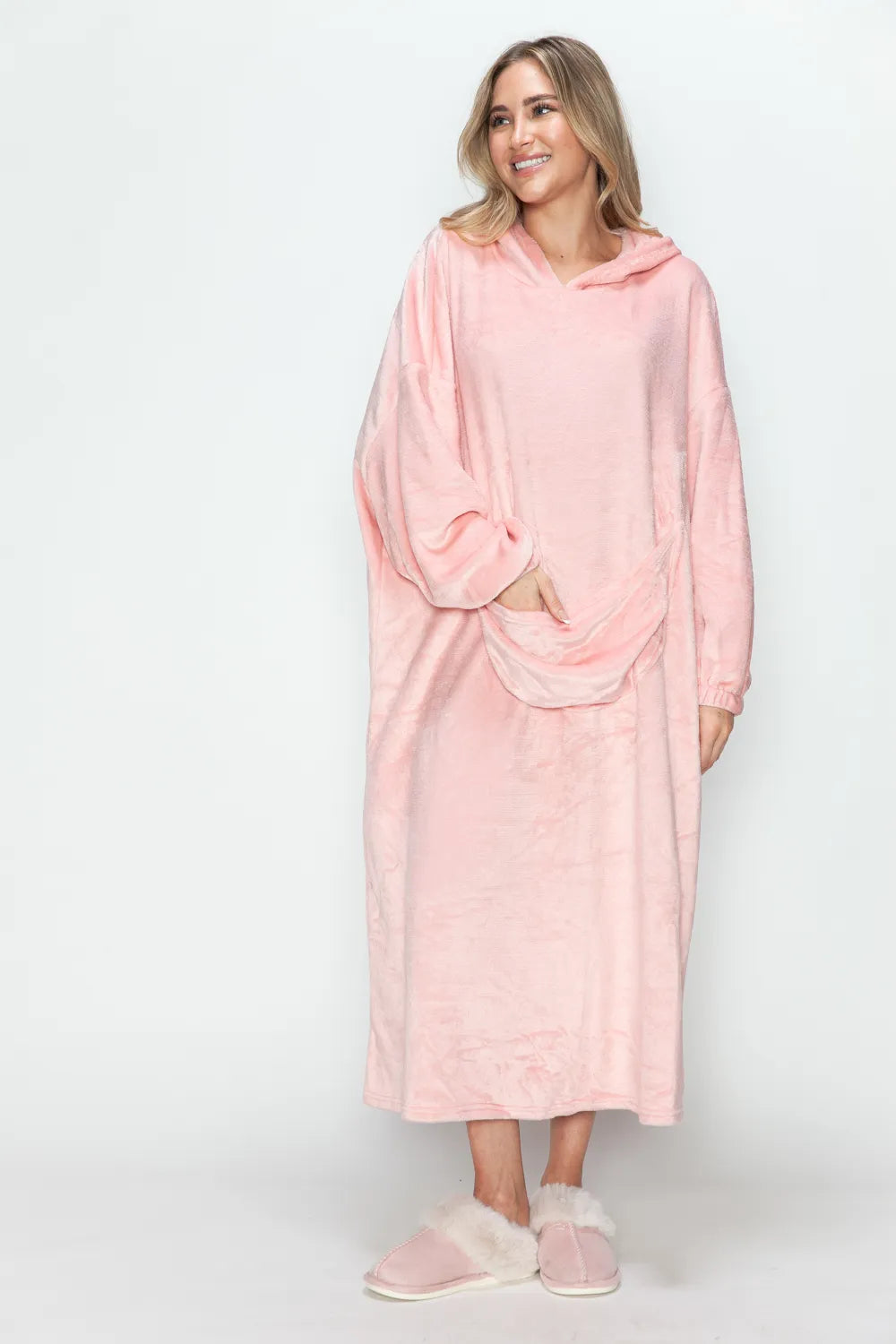 Double Take Full Size Pocketed Hooded Midi Lounge Dress – | Shannon’s Chique Boutique