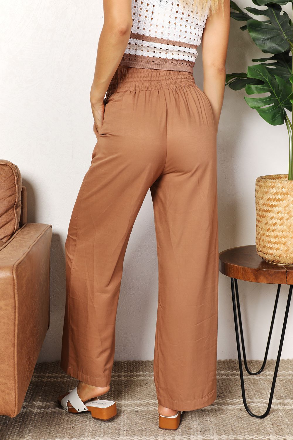 Double Take Drawstring Smocked Waist Wide Leg Pants - -
