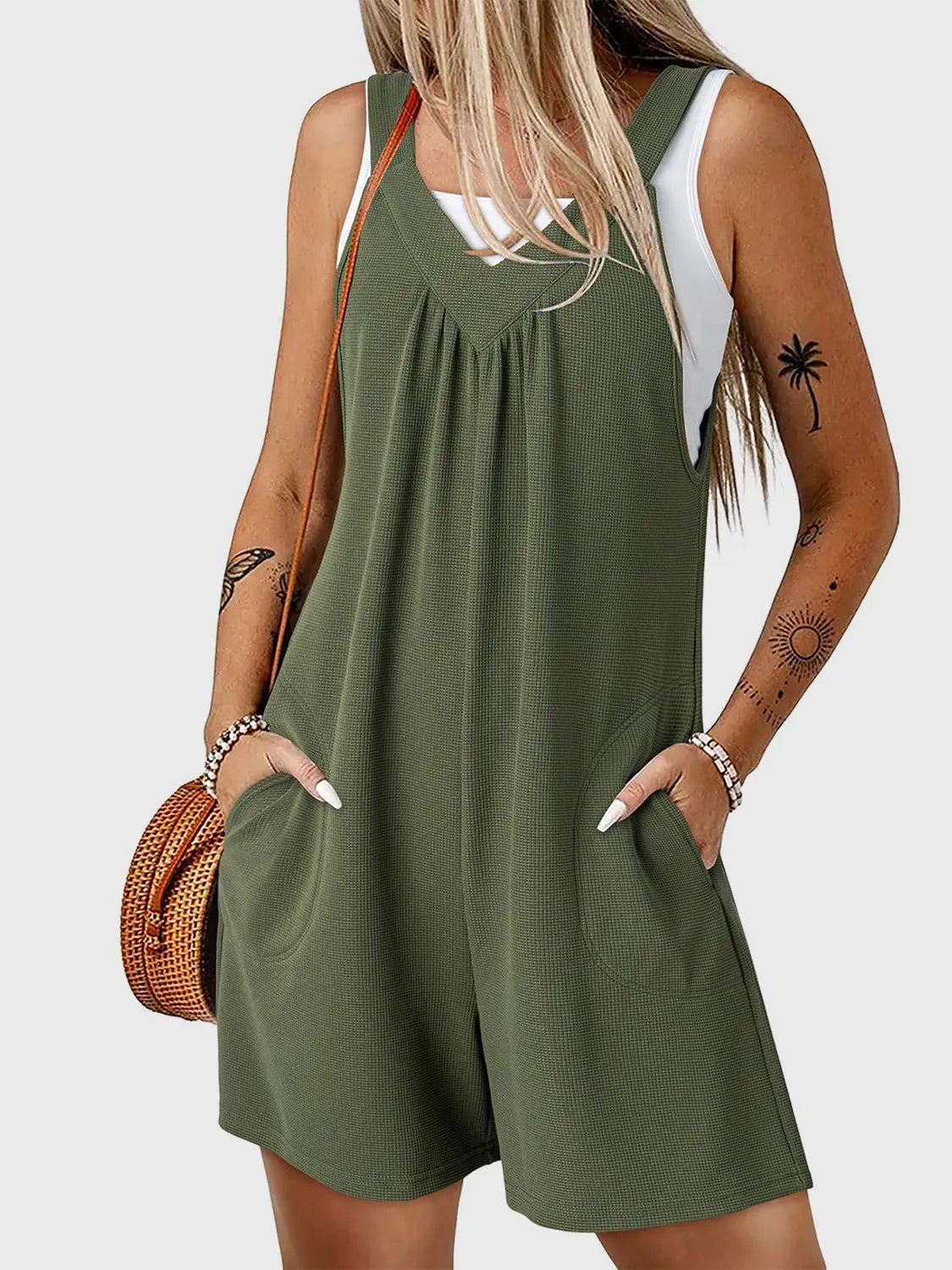 V-Neck Wide Strap Romper - Moss -