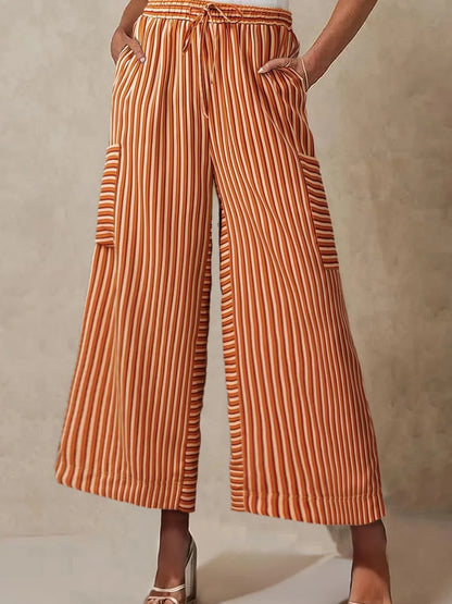 Contrast Striped Wide leg Pants - Ochre -